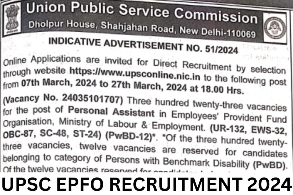 UPSC EPFO PA Recruitment 2024, Apply Online For 323 Post Smart Update