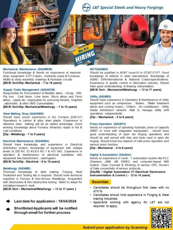 L&T Special Steels and Heavy Forgings Hiring Now! Apply for Various Posts (Diploma/BE/B.Tech)