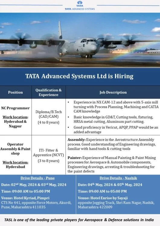 TATA Advanced Systems Ltd Recruitment 2024 | Apply –ITI/Diploma/B.Tech