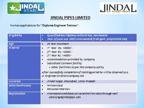 Jindal Pipes Limited Recruitment 2024 | Apply Now –Diploma